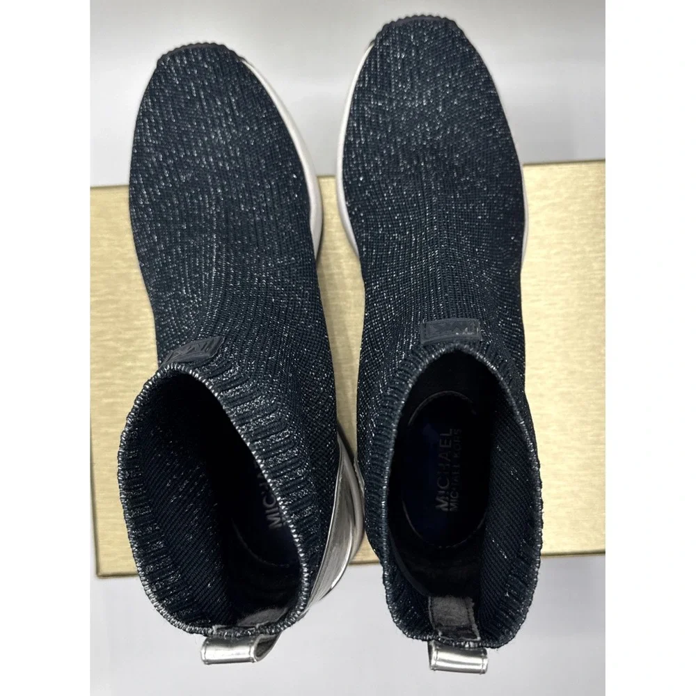 Michael Kors Women's Blue/Silver Knit Ankle Sock Bootie Slip On Wedge Size 8